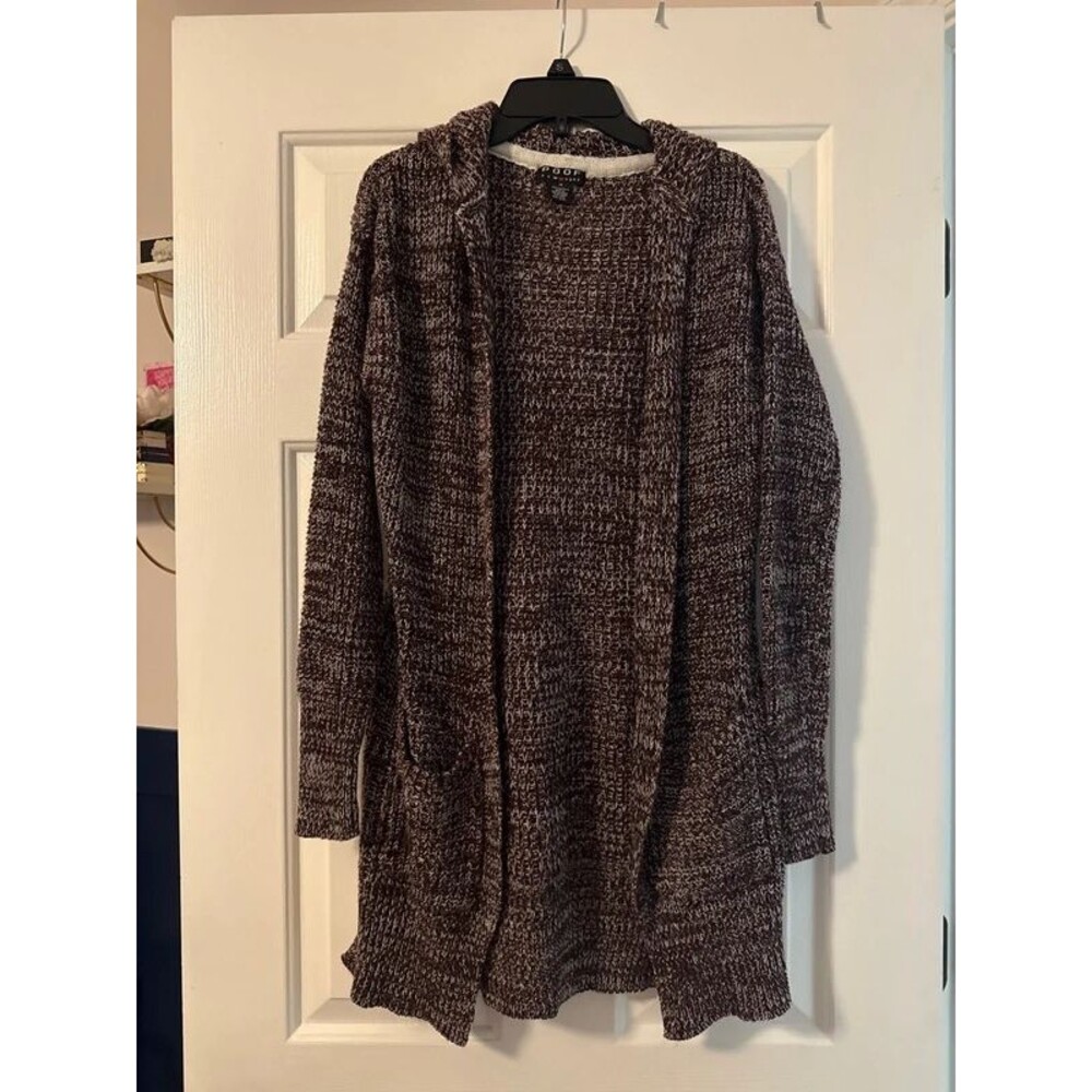 Poof New York Deep Purple Marled Knit Hooded Long Cardigan Sweater